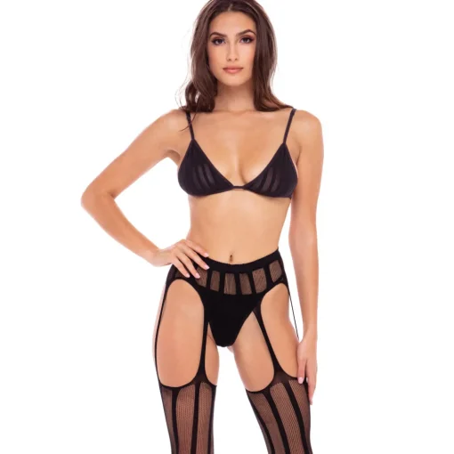 3 Piece Sheer Striped Bra Thong & Garter Belt Set